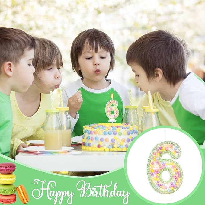 Birthday Candles - Number 6 Candle, Colorful Macaron Candles for Boys/Girls, Green Cake Decorations, Dinosaur Themed Party Supplies