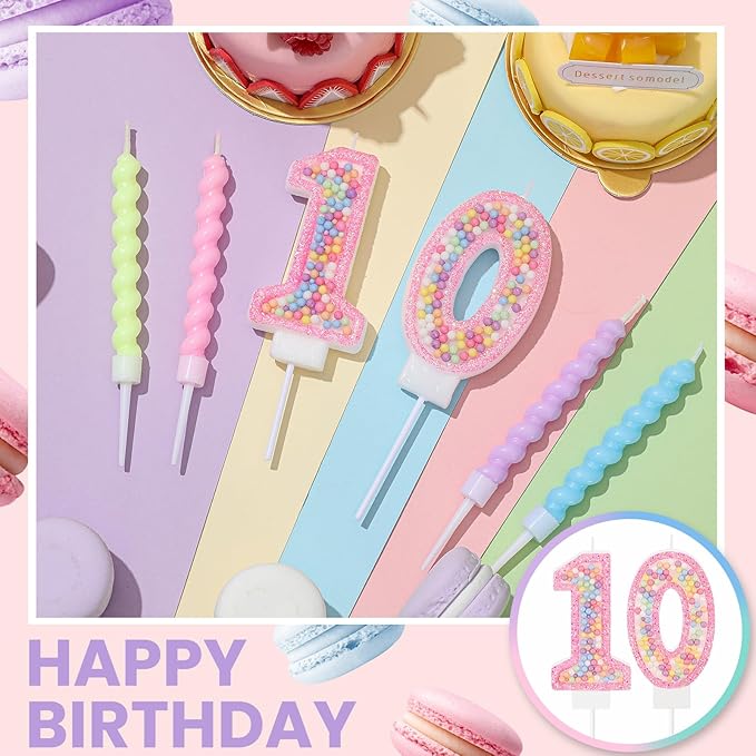 MTLEE Number 10 Birthday Candle with 12 Pcs Spiral Candles for Girls Macaron Pastel Rainbow Unicorn Pink Cake Topper for Sweet Theme Party Decoration