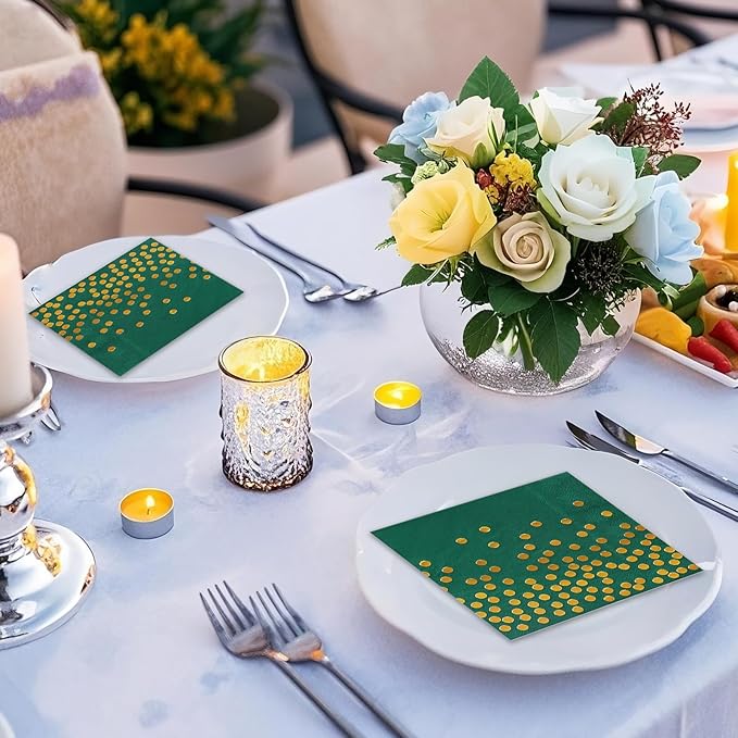 100 Pack 6.5x6.5 Inch Disposable Green and Gold Cocktail Napkins