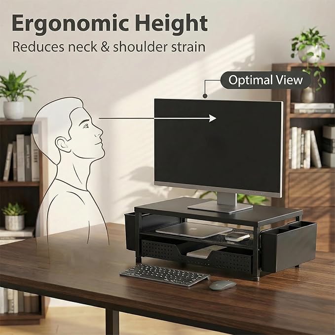 Desk Organizer and Accessories, 2-Tier Computer Monitor Stand Rise with Storage Drawer & 2 Pen Holders, Laptop & Printer Stand for Desktop, Workspace Organizers for Office Supplies (Black Wood)