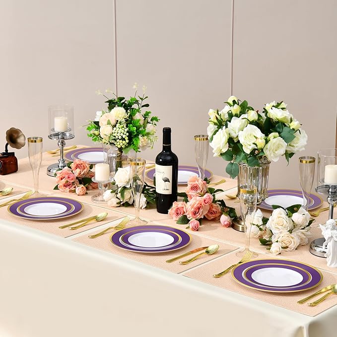100PCS Purple Disposable Plastic Plates Include 50PCS 10.25inch Dinner Plate and 50PCS 7.5inch Dessert Plate Heavy Duty Plastic Dinnerware for Party Wedding Anniversary New Year