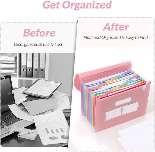 SKYDUE Accordion File Organizer, Expanding File Folder with 13 Pockets, Portable Document Paper Bill Receipt Organizer, Home School Office Supplies, Letter A4 Size Pink