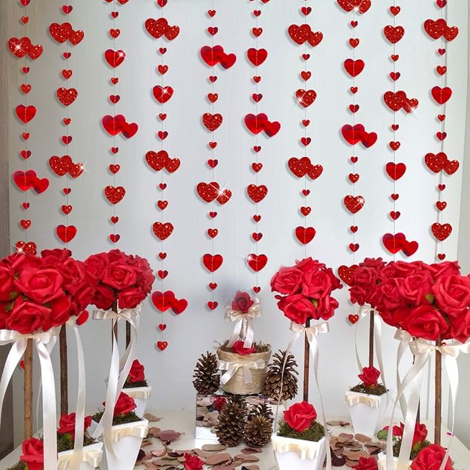 pinkblume Valentines Day Party Decoration Red Heart Garland Metallic Glitter Hanging Heart Streamer Banner for Anniversary Mother's Day Engagement Wedding Bridal Shower Bachelorette Hen Party Supplies