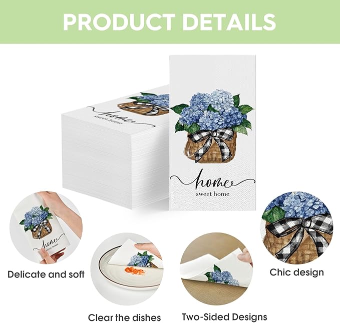 Horaldaily 50 Disposable Paper Decorative Guest Napkins, Blue Hydrangea Bouquet Sweet Home Hand Towel for Party Lunch Dinner Kitchen Bathroom