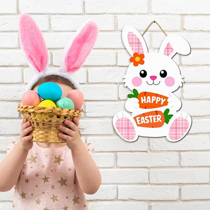 Kercan Easter Cross Wall Decoration with Purple Fabric, White Lily Flowers and Dove, He is Risen Wood Sign, 14.2x9.8 Inch Religious Home Decor (Rabbit-B)