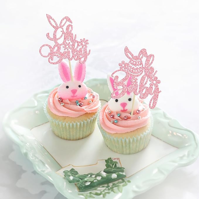 Ephlyn 24PC Happy Oh Baby Cupcake Toppers - Pink Glitter Bunny Babyshower Cake Topper Decorations - Birthday Party Supplies