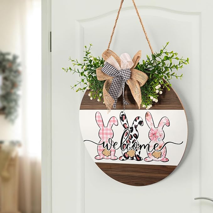 Harooni 12x12 Inch Easter Welcome Hanging Sign for Outdoor, Indoor, Wall, Door, Porch Decor - Wooden Wreath Sign with Rabbit, Buffalo Plaid Bow, 'Welcome' Text