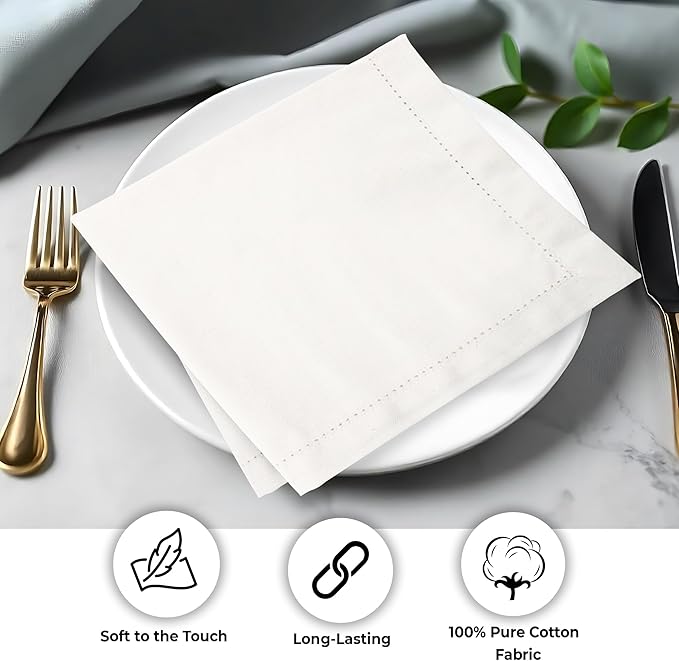 Urban Villa Cloth Napkins Ivory Hemstitch Dinner Napkins Set of 12 (20X20) 100% Cotton Absorbent Washable Durable Reusable Ideal for Hotel Collection Christmas Parties Restaurant Lunch Dinner Napkins