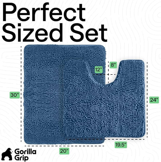 GORILLA GRIP Bathroom Rug Sets, Soft Chenille 2 Piece Area Rugs Set, Toilet Base Mat and 30x20 Carpet, Absorbent Microfiber Washable Mats Dry Quickly, Home Décor and Bath Room Accessories, Blue