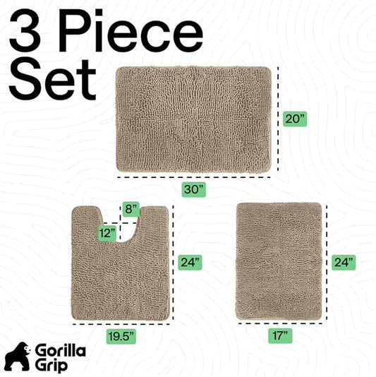 GORILLA GRIP Bathroom Rug Sets 3 Piece, Bath Mat Set and Oval Toilet Base with Rubber Backing, Plush Absorbent Shaggy Chenille Washable Mats, Includes 24x19.5, 24x17 and 30x20 Inch Rugs, Taupe
