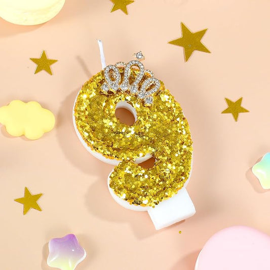 Gold Birthday Candle Crown Number 9 Candle with Sequins Cake Candles Cupcake Decorations Party Decor for Anniversary Celebrations Supplies