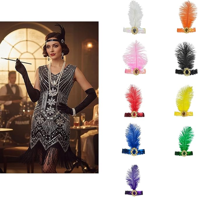 Feather Headpiece Sequins Headbands 1920s Flapper Showgirl Headpieces for Women Girls Carnival Party Accessories