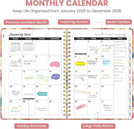 2026 Planner, Weekly and Monthly Planner for Women, Jan 2026 - Dec 2026 Pretty 2026 Calendar Planner with Monthly Tabs, Inner Pocket, Spiral Binding, Perfect for Office Home School - 6.3" x 8.5", Pastel Garden
