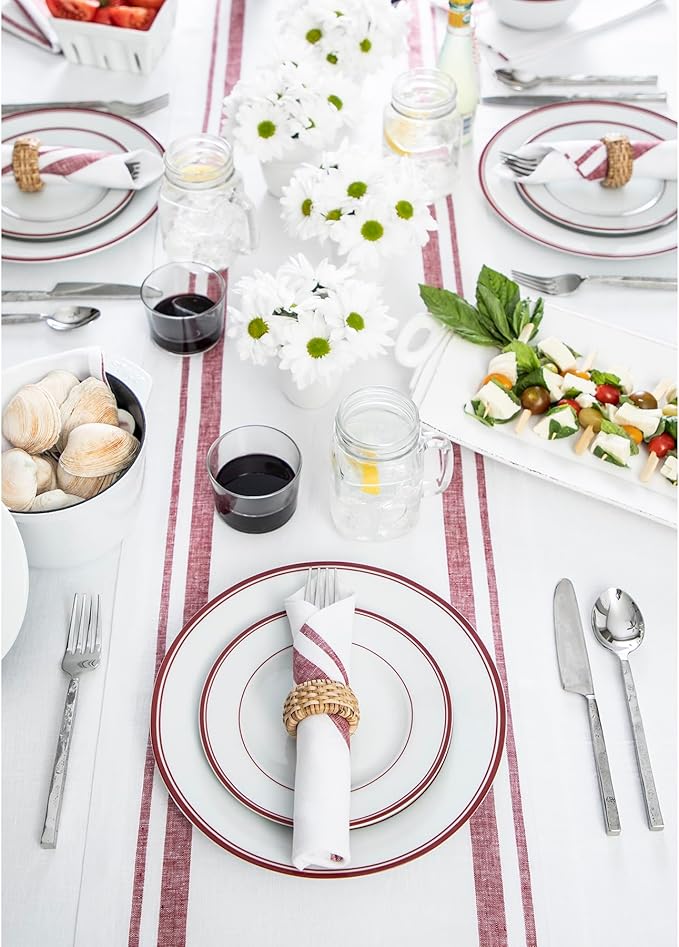 Solino Home Striped Linen Table Runner 108 Inches Long - French Stripe 100% Pure Linen Burgundy and White Dining Table Runner 14 x 108 Inch for Fall, Autumn, Christmas, New Year