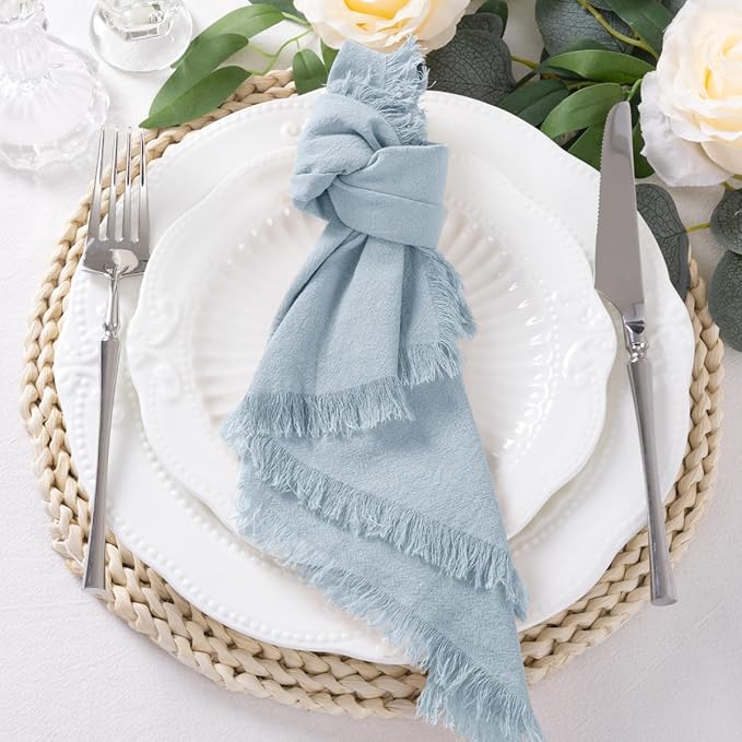 12 Pack Gray- Blue Cotton Linen Napkins with Fringe Christmas Cloth Napkins Set of 12 Boho Handmade Holiday Napkins Bulk for Wedding Baby Shower Xmas Dinner Table Parties, 17 x 17 Inches