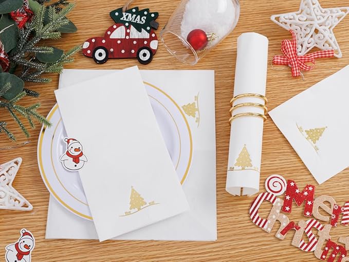 100PCS Christmas Gold Napkins Disposable - Heavy Duty Christmas Tree Napkin - Yule Paper Hand Towels - Xmas Gold Napkin for Kitchen Bathroom Noel Parties Dinners and Events