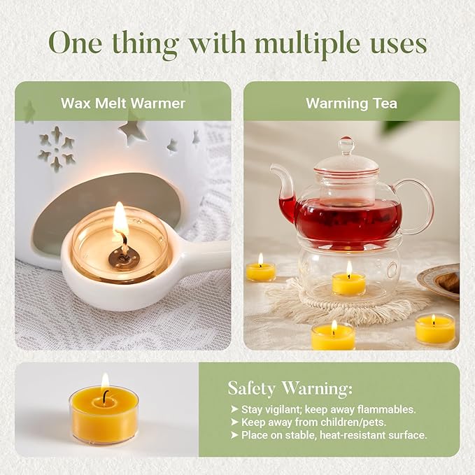 Unscented Beeswax Tea Lights Candles 10 Pack, 4 Hours Long Burning Handmade Yellow Tealight Candles, Clear Cup Smokeless Beeswax Candles for Wedding, Christmas Lights, Centerpiece & Home Decor