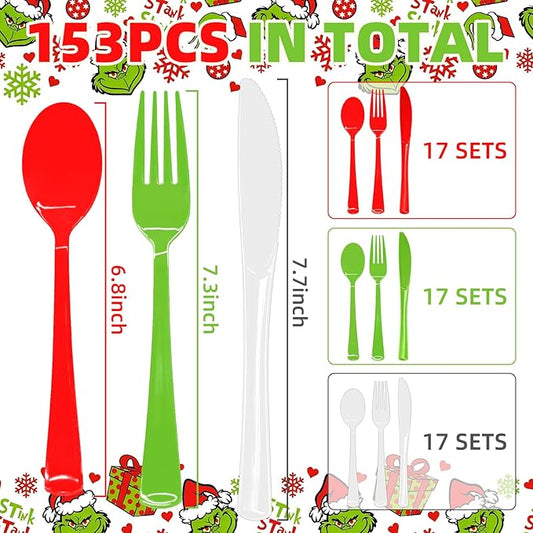 153 Pcs Christmas Plastic Silverware Heavy Duty Disposable Tableware Sets Includes Spoons Forks Knives for Christmas Party Supplies (Red, Bright Green, White)
