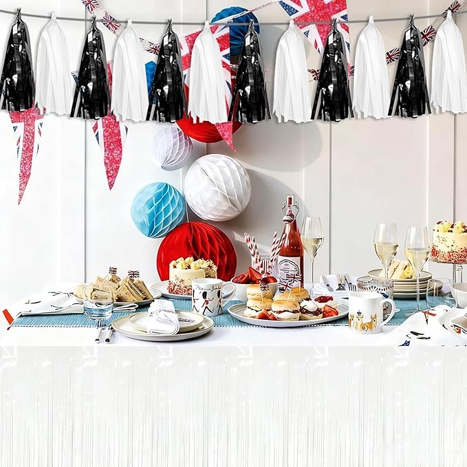 3P Black White Tassel Banner Garland Metallic Foil Fringe Banner Tinsel Tassels Streamer Banner Backdrop for Parade Floats Graduation, Halloween, Christmas, Father's Day Party Decorations