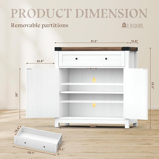 YESHOMY Coffee Bar and Accent Cabinet, Farmhouse Barn Door Buffet Sideboard with Drawer and Adjustable Shelf, Wide Desktop for Kitchen, Dining Room, Bathroom, Entryway, White&Rustic