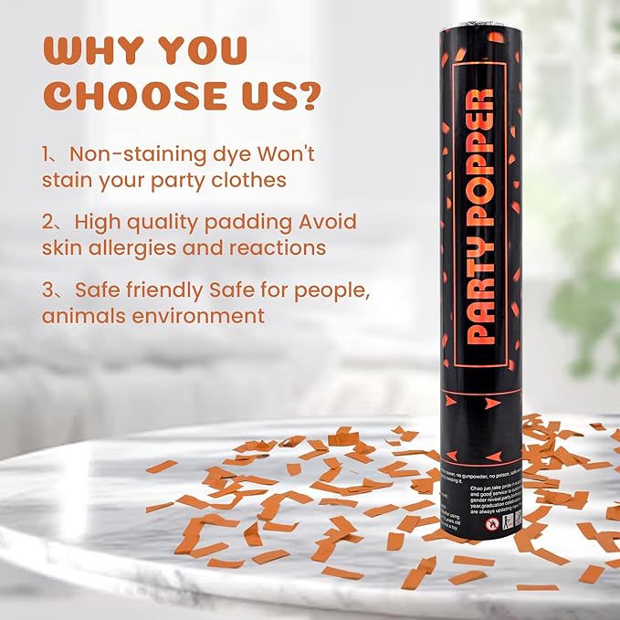 Confetti Poppers Orange Confetti Cannon 12 Pack Party Poppers Biodegradable12 inch Wedding Party Confetti Bulk Streamer Confetti Cannon Launches up to15-25ft for Christmas Birthday Graduation New Year