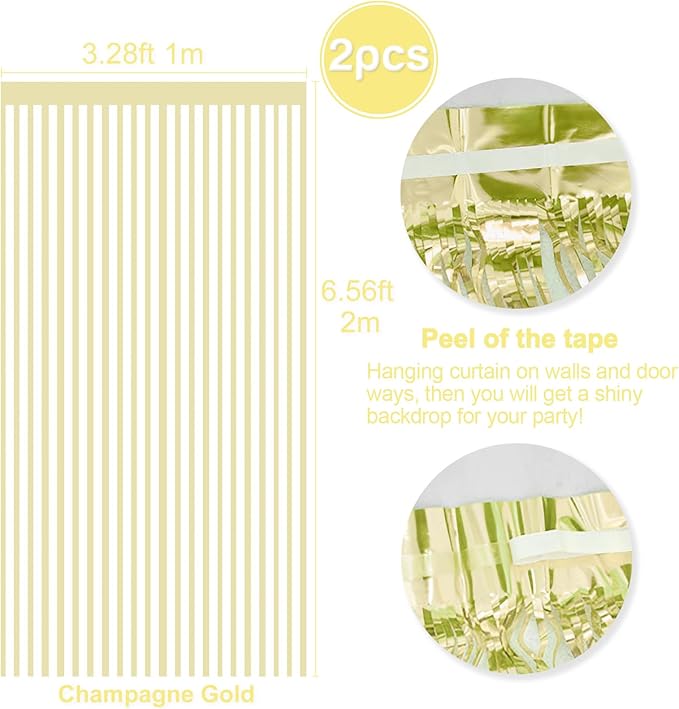 Metallic Tinsel Foil Fringe Curtains Backdrop Champagne Gold, 2 Pcs 3.28 ft x 6.56 ft Streamers for Birthday Party Graduation New Years Indoor Outdoor Photo Booth Windows Decorations Supplies
