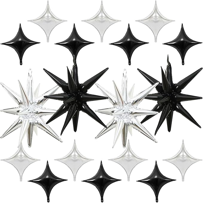 Black Silver Star Balloons - 22 inch Star Foil Mylar Balloons - 10 inch Four-Pointed and Pentagram Balloon for Birthday Party, Anniversary, Graduation, New Year, Disco Party Decorations
