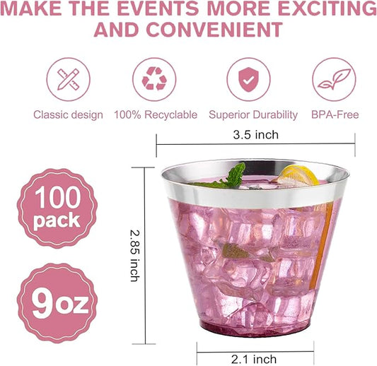 I00000 100PCS Silver Plastic Cups,9 oz Clear Plastic Cups with Silver Trim, Heavy-Duty Disposable Hard Cup For Party, Premium Cup Perfect for Wedding & Party