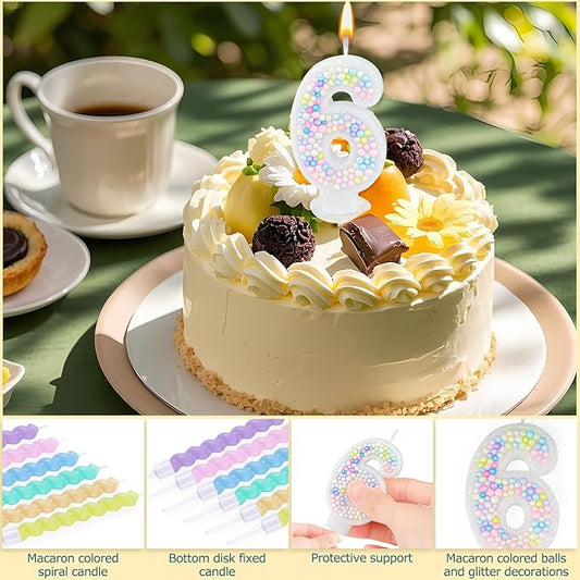 Number Birthday Candle with 12PCS Spiral Candles and A Birthday Card - Perfect for Celebrating Birthdays (Macaron Glitter, Number 6)