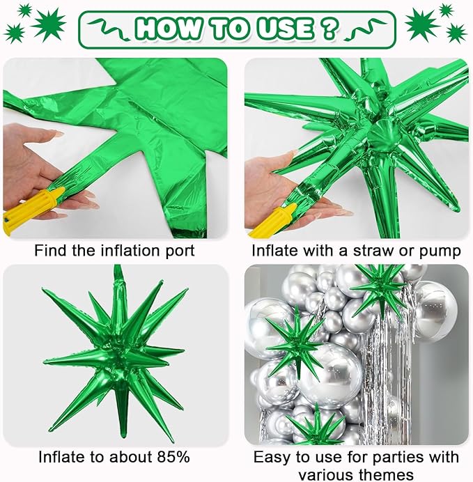 Black Green Orange Star Balloons,9Pcs 22Inch Black Orange Green Explosion Spike Cone Helium Polyester Film Star Foil Balloons for Halloween Birthday Baby Shower Party Decorations