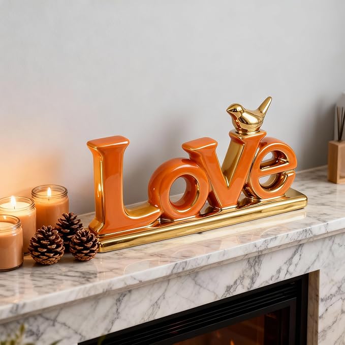 Love Sign Decoration,White and Gold Love Signs for Home Decor Statue,Modern Bird Sculpture Personalized Love Decor,Gold Style Figurine Decorative Ornaments for Living Room,Bedroom,Desktop (Orange)