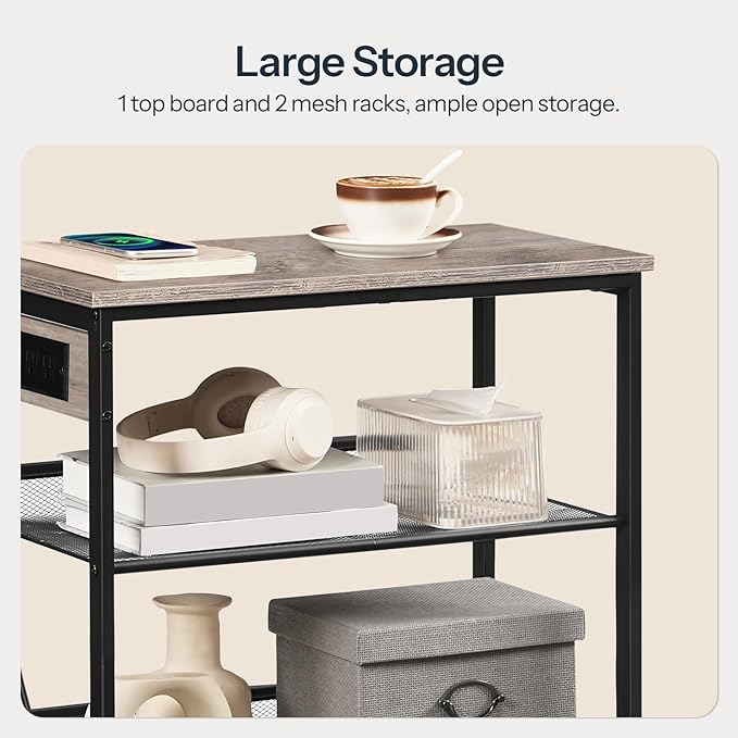 HOOBRO End Table, 3-Tier Narrow Side Table with Charging Station, Nightstand with 2 Flat or Slant Adjustable Shelves for Small Spaces, Living Room, Bedroom, Greige and Black BG23UBZ01G1
