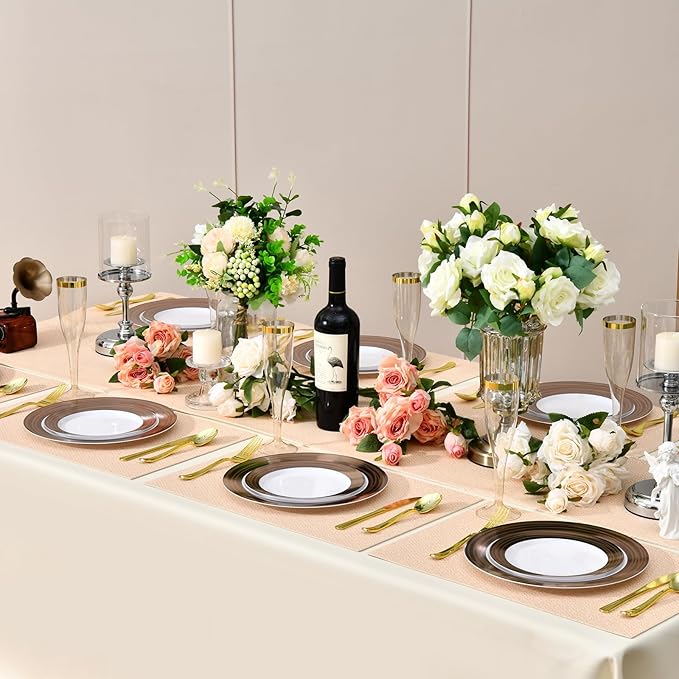 100PCS Brown Disposable Plastic Plates Include 50PCS 10.25inch Dinner Plate and 50PCS 7.5inch Dessert Plate Heavy Duty Plastic Dinnerware for Party Wedding Anniversary New Year
