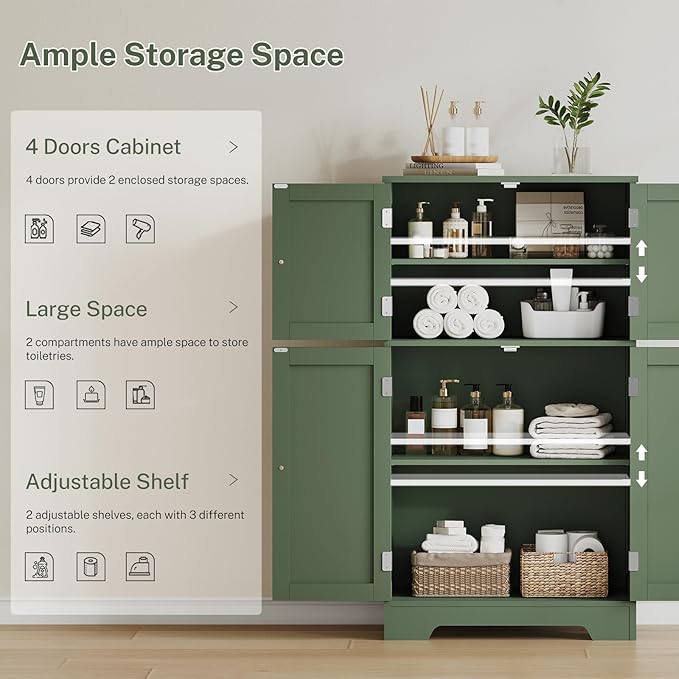 TEENFON Bathroom Floor Storage Cabinet, Freestanding Bathroom Cabinet with 4 Doors & 2 Adjustable Shelves, Cupboard, Floor Cabinets for Living Room, Entryway, Office, Forest Green