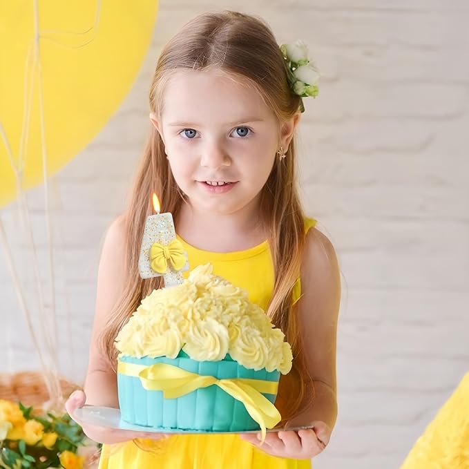 Birthday Candle for Cake, Yellow Bow Cake Candles, Cake Topper Decoration for Birthday Party (Number 4)
