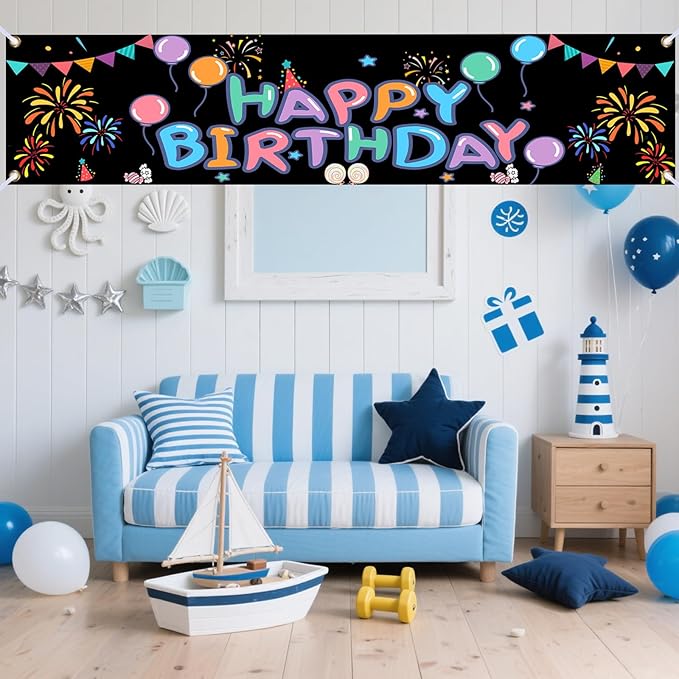 Nuxovilar Happy Birthday Banner Decorations 17.72x78.74 Inch Colorful Fireworks Theme - Polyester for Indoor Outdoor Birthday Party Decor