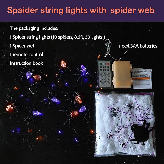 Halloween Decorations Spider Web Lights 8.6ft 30LED Purple Orange Fairy Lights Battery Operated Fall Lights with Remote Timer 8 Modes Net Light for Fall Halloween Outdoor Haunted House Decor