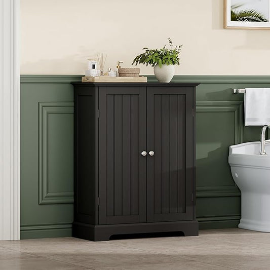 ChooChoo Bathroom Floor Cabinet, Modern Bathroom Storage Cabinet with 2 Doors and Adjustable Shelves, Freestanding Cupboard for Living Room, Black