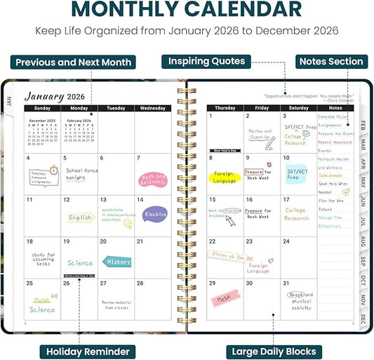 2026 Planner, Weekly and Monthly Planner for Women, Jan 2026 - Dec 2026 Pretty 2026 Calendar Planner with Monthly Tabs, Inner Pocket, Spiral Binding, Perfect for Office Home School - 8.5" x 11", Bloom Whisper