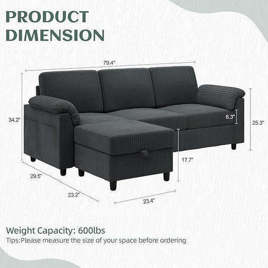 Vongrasig 79" Convertible Sectional Couches Sofa with Storage Ottoman, 3 Seat L Shaped Couch with Side Storage Pockage, Small Couches for Living Room, Apartment and Small Space, Grey