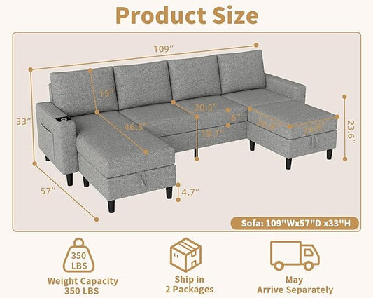 Smart Sectional Couches for Living Room, 6 Seat U/L Shaped Sectional Sofa with RGB Light/Charging, Modern Living Room Furniture for Apartments/Office/More (Light Gray)