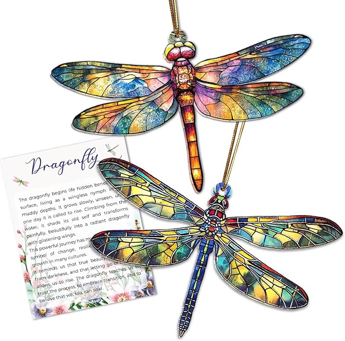 Set Two Dagonfly Ornament, Dragonfly Gift for Women, Dragonflies Decor Suncatcher Effect, Dragon Fly Stained Glass, Dragonfly Ornaments for Christmas Tree, Birthday Gift for Mom