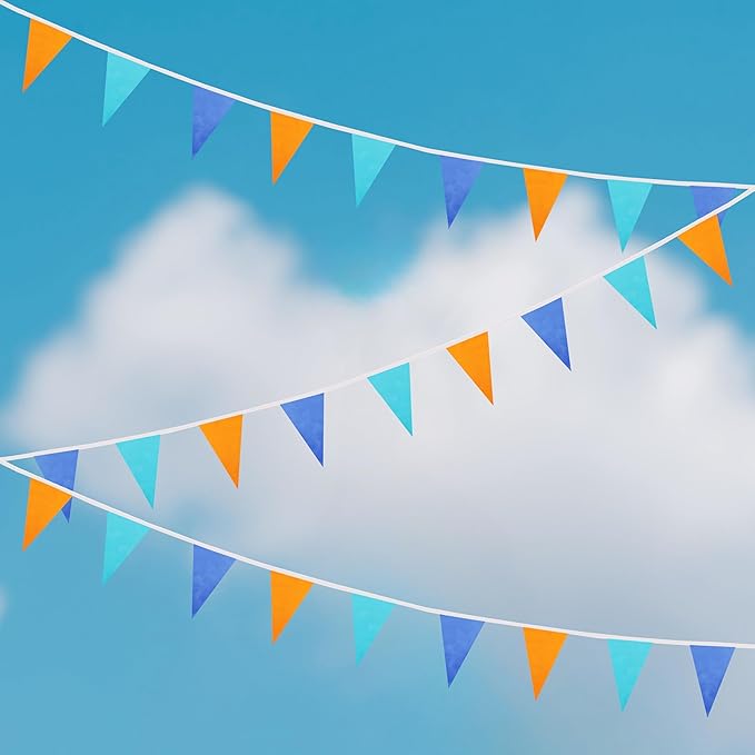 100 Ft Pennant Banner Flag, 60 Pcs String Hanging DIY Bunting Flags for Wedding, Birthday, Outdoor & Indoor Decorations (Orange Blue Dark Blue, 11x7 Inch, 2 Pack)