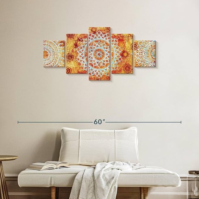 ElephantStock - Sun Like Mandala Symbols Wall Art - Horizontal Multi Panel Canvas - 5 Piece Living Room Wall Decor - Digital Art Elements Multi Piece Wall Art - Orange And Blue Decor - 42" x 19"