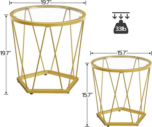 HOOBRO Small Coffee Table Set of 2, Round Coffee End Table with Metal Frame, Glass Tabletop, Gold Side Table for Living Room, Bedroom and Balcony, Modern Style, Gold GD79BZ01