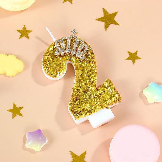 Gold Birthday Candle Crown Number 2 Candle with Sequins Cake Candles Cupcake Decorations Party Decor for Anniversary Celebrations Supplies