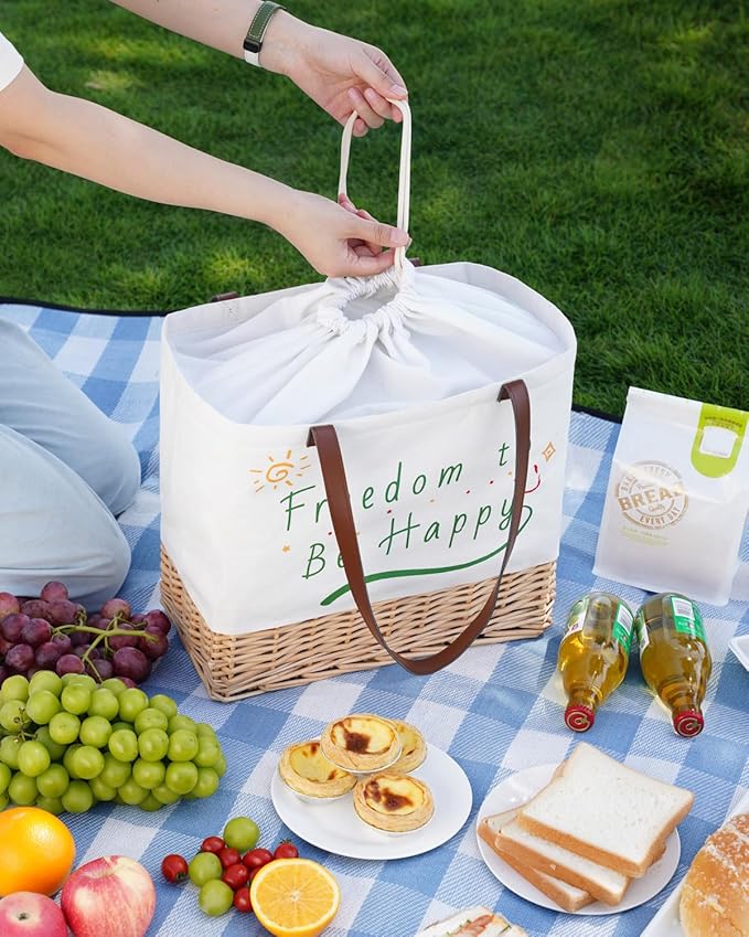Insulated Picnic Basket Wicker Picnic Basket with 23.7L Canvas and Willow Folding Collapsible Shopping Baskets with Drawstring Closure, Insulated Waterproof Lining for Camping,Wedding Gifts