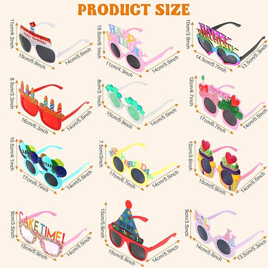 12pcs Birthday Glasses, Happy Birthday Sunglasses, Novelty Funny Photo Booth Props for Party, Sunglasses for Kids Adults Party Favors