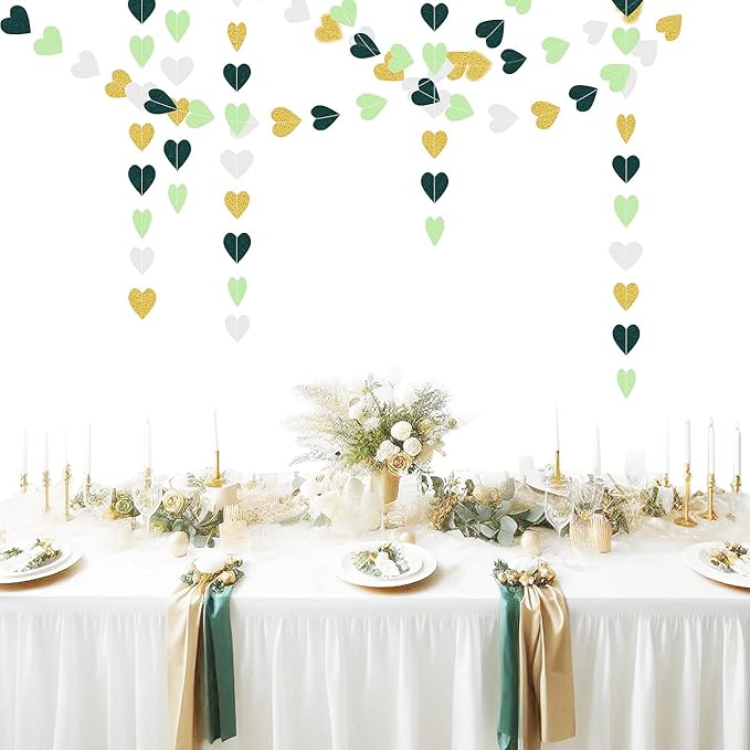 Sage-Green White Gold Party Decorations – 52Ft Paper Heart Garland Streamer Birthday Banner Engagement Bachelorette Wedding Baby Bridal Shower Valentines Day Hanging Decor