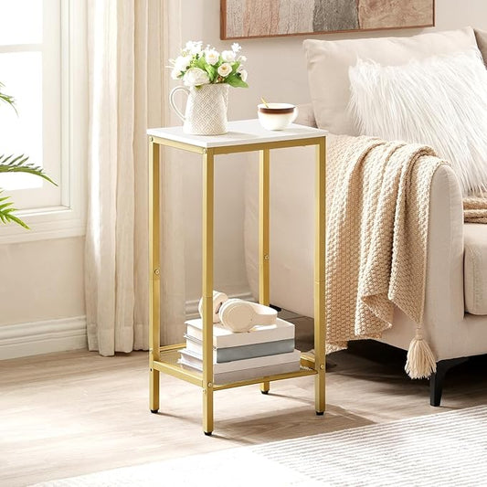 HOOBRO Tall Side Table, Industrial End Telephone Table with Adjustable Mesh Shelves, Small Tall Night Stand for Living Room, Bedroom, Entryway, Office, White and Gold DW03DH01